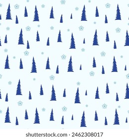Wintergrafik nahtloses Muster mit Weihnachtsbäumen und Schneeflocken. Handgezeichnete Vektorillustration. Neues Jahr