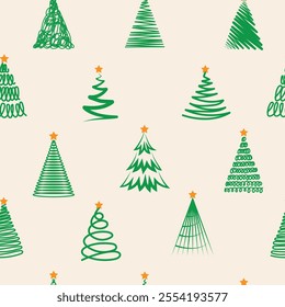 Winter graphic seamless pattern with christmas trees on beige background.Vector seamless pattern. Best for wallpapers, textile, wrapping paper and seasonal decoration.Hand drawn vector illustration. 