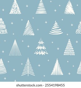 Winter graphic seamless pattern with christmas trees on gray background.Vector seamless pattern. Best for wallpapers, textile, wrapping paper and seasonal decoration. Hand drawn vector illustration.