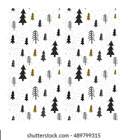 Winter Graphic Seamless Pattern With Christmas Trees. Hand Drawn Vector Illustration. Wrapping Paper Christmas.