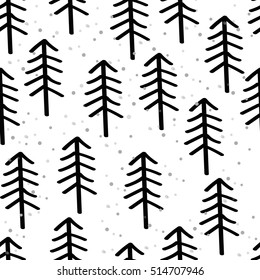 Winter graphic seamless pattern with graphic christmas trees. Hand drawn vector illustration. Wrapping paper Christmas. Scandinavian theme.