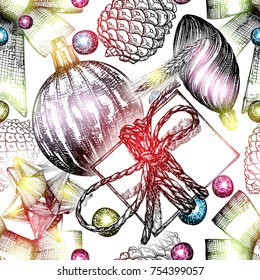 Winter graphic seamless pattern with Christmas decoration. Hand drawn holiday illustration. Wrapping festive paper. Vector.