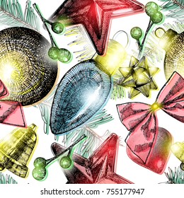 Winter graphic seamless pattern with Christmas fit tree twigs. Hand drawn holiday illustration. Wrapping festive paper. Vector.