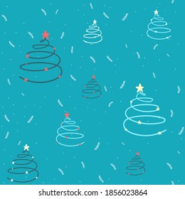 Winter graphic seamless pattern with doodle christmas trees. Hand drawn vector illustration on blue. Wrapping paper Christmas.