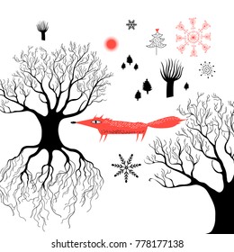 Winter graphics with a red fox in the woods