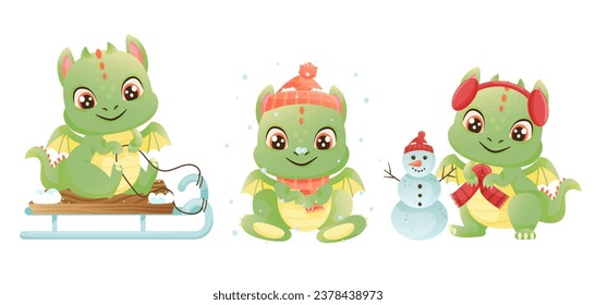 Winter green dragons characters. Cute cartoon dragons playing. Sledge, snowman, hat, scarf. New Year 2024 animal.