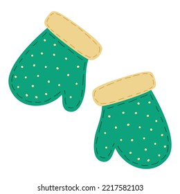 Winter, green mittens with polka dots. Comfortable, cute gloves. For New Year and Christmas design. Celebration atmosphere. Pair.
