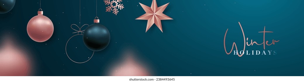 Winter greeting banner. Rose Gold and green shining 3D balls, star and snowflake. Luxury New Year banner. 