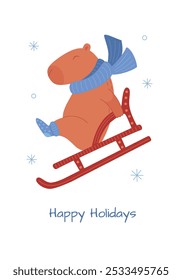 Cartão de saudação de inverno com capibara e desejos quentes. Modelo de cartão de saudação de Natal e Ano Novo. Pode ser usado para cartazes e banners.