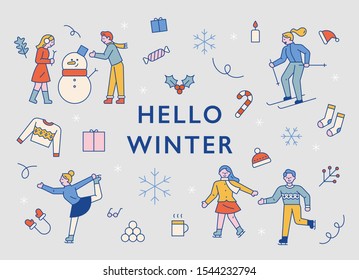  Tarjeta de bienvenida de invierno. Caracteres de invierno y varios iconos. ilustración vectorial mínima de diseño plano.