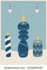 winter greeting card with a Christmas candles in blue tones 