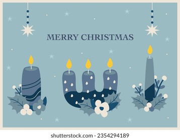 winter greeting card with a Christmas candles and decoration in blue tones with text