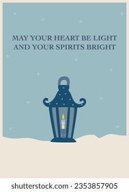 winter greeting card with a Christmas lantern in blue tones with wishes