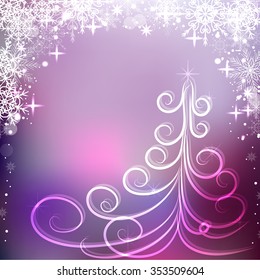 Winter greeting card with Christmas tree and snowflakes.