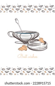 Winter greeting card with coffee, tea, sugar, cinnamon and frame. Printing of greeting cards