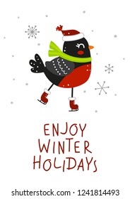 Winter greeting card with cute bullfinch