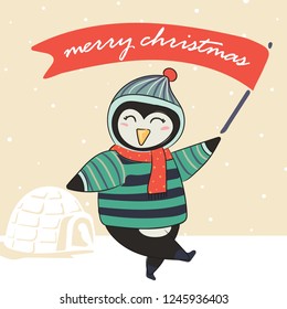 Winter greeting card with cute hand drawn penquin in winter warm sweater and holding flag. Christmas postcard. Vector illustration.