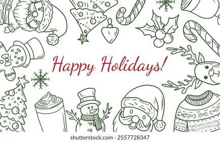 Winter greeting card design with Christmas symbols. Santa claus, christmas tree, gingerbread cookie, knitted sweater, reindeer, snowman hand drawn vector sketch illustration in sketch vintage