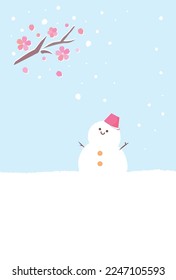 Winter greeting card design with early blooming cherry blossoms and snowman