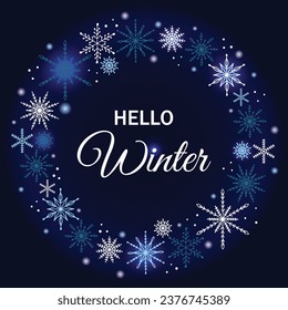 Winter greeting card design with hand drawn snowflakes frame. Hello winter. Design for flyer, banner, poster, card, etc. Vector illustration