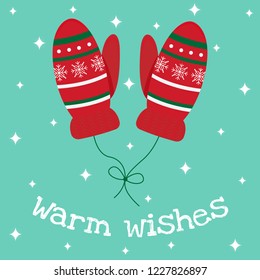 Winter greeting card in flat cartoon style. Nice knitted mittens on a string. Warm wishes.