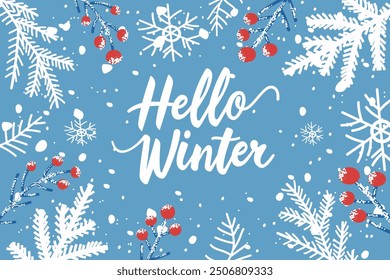 Winter greeting card. A fun vector illustration with a bright blue background with white snowflakes, pine branches and red berries and the text Hello Winter in the center.