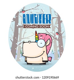 Winter greeting card with funny animal character.