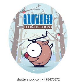 Winter greeting card with funny animal character.