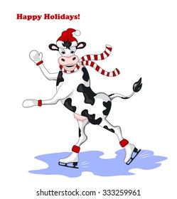 Winter Greeting Card with Funny Cow Ice Skating Wishing Happy Holidays