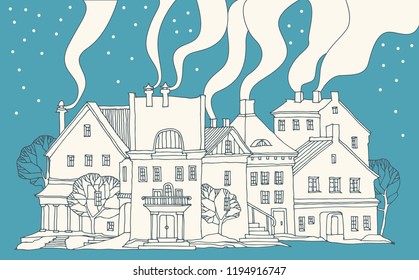 Winter greeting card, hand drawn illustration of the scene with cute houses in a snowy day, vector