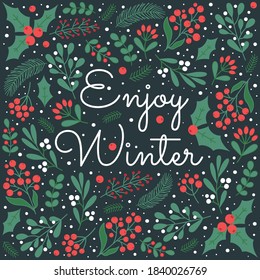 Winter greeting card with hand drawn decoration elements. Vector template.