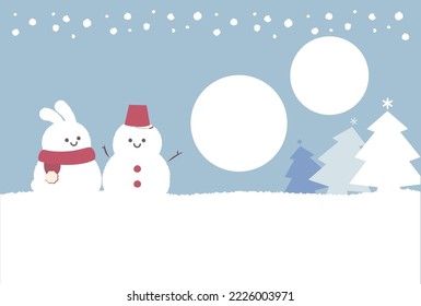 A winter greeting card with a heartwarming photo frame of a snowman and a rabbit