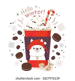 Winter greeting card with hot coffee in a paper Cup, snowflakes, bells, Alpaca face, cookies, and the inscription Hello winter. Snowfall season. Hot drink. Vector, white background, isolated.