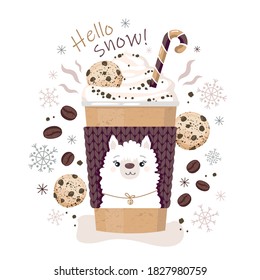 Winter greeting card with hot coffee in a paper сup, snowflakes, alpaca face, cookies, coffee beans, and the inscription Hello snow. Snowfall season. Hot drink. Vector, white background, isolated.