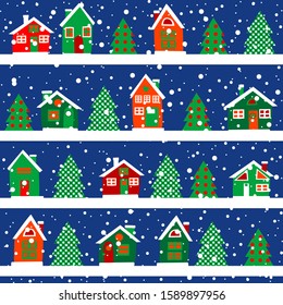 Winter greeting card with houses and trees