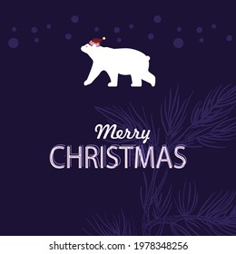 Winter greeting card or invitation. Image of a polar bear wearing a New Year's hat. Great for backgrounds, invitations, flyers.