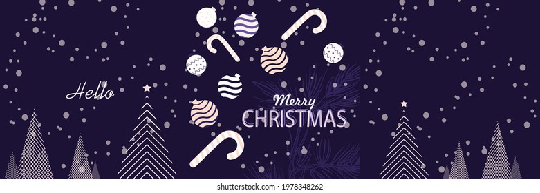 Winter greeting card or invitation. Image of Christmas tree decorations on a background of snow and decorative Christmas trees. Great for backgrounds, invitations, flyers.