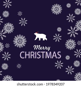 Winter greeting card or invitation. Image of a polar bear with a sheepskin hat on a snow background. Great for backgrounds, invitations, flyers.