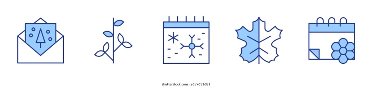 winter, greeting card, maple leaf, tree branch, calendar. Seasons Icon vector illustration. Line Duotone style. Editable stroke.
