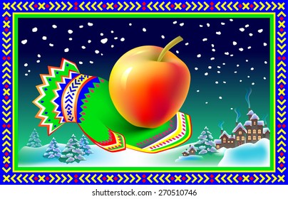 Winter greeting card with mitten and apple, vector cartoon image