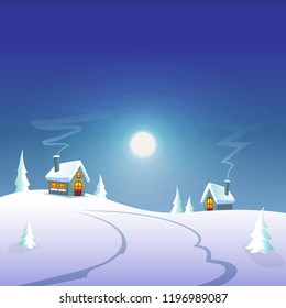 Winter greeting card - winter moonlight at village