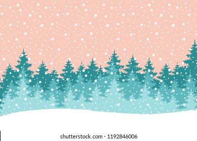 Winter greeting card for New Year 2018. Vector winter holiday background with falling snow, Christmas trees, forest.