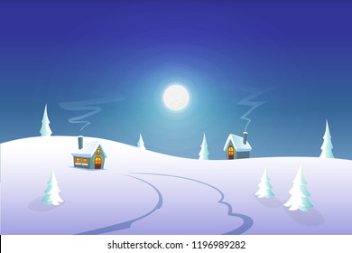 Winter greeting card - winter night landscape with houses on moonlight