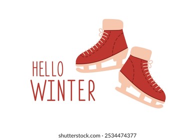 Winter greeting card with red figure skating skates. Hello winter. 