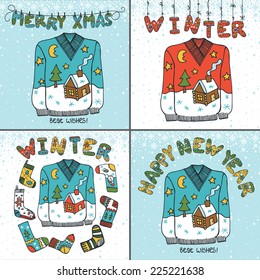 Winter greeting card set. Knitted letters,sweater,socks,stockings with folk ornament.Funny doodles.For winter design template.New year,Christmas winter Vector card