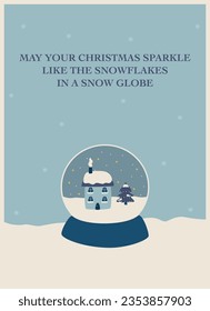 winter greeting card with a snow globe in blue tones with wishes