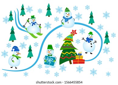 Winter greeting card. Snowman in the winter forest go to the Christmas tree. Vector flat illustration on white background.