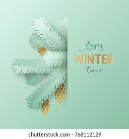 Winter greeting card template with silver spruce branches and cones. Paper cut art style composition with gold foil embossed elements. Vector illustration