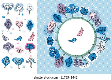 Winter greeting card. trees and birds. Round frame. Template for your design, festive greeting cards,  announcements, posters.