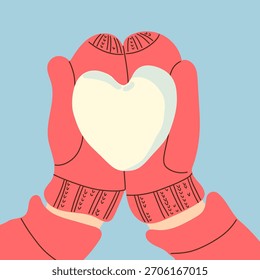 Tarjeta de felicitación de invierno. Dos manos en mitones de punto rojo sostienen una bola de nieve en forma de corazón. Concepto de diseño creativo de moda ilustración dibujada a mano para Navidades de vacaciones de invierno y el día de San Valentín .